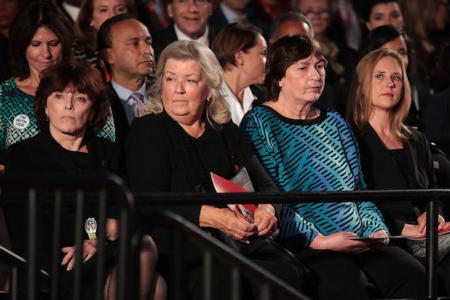 ST LOUIS, MO - OCTOBER 09: (L-R) Kathleen Willey, Juanita Broaddrick and Kathy Shelton sit before the town hall debate at Washington University on October 9, 2016 in St Louis, Missouri. This is the second of three presidential debates scheduled prior to the November 8th election. (Photo by Scott Olson/Getty Images)