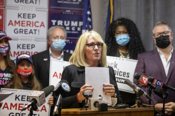 Michigan Republican Party Chairwoman Laura Cox speaks during the Trump Victory press conference on in Bloomfield Hills, Michigan.