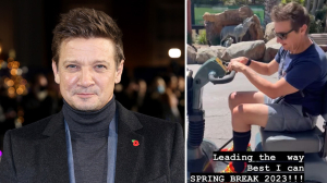 Jeremy Renner uses electric wheelchair at theme park while recovering from traumatic snowplow accident